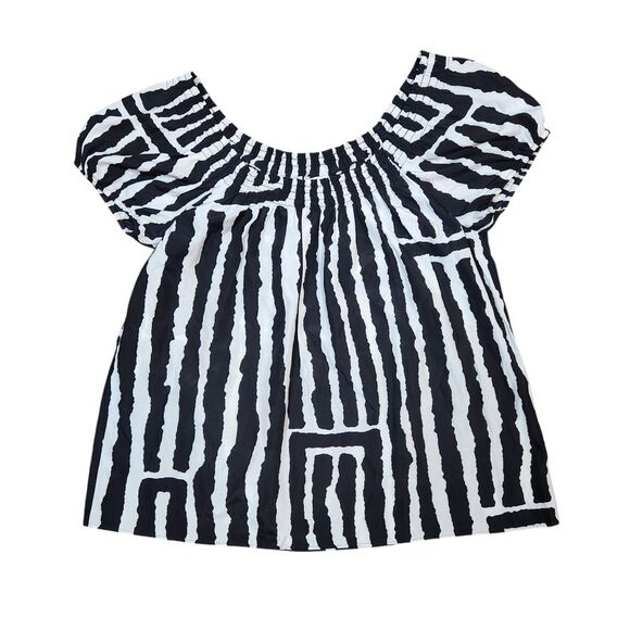 Tibi Top Silk‎ Smocked Off The Shoulder Short Sleeve Flowy Tribal Black White S - Picture 10 of 10